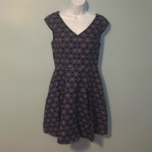 Kate Spade Saturday Mini Dress, Black w/ purple/yellow geometric pattern, Size 4